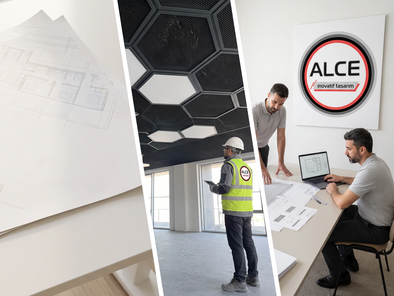 Mimari plan eskizleri, altıgen tavan altında tabletle kontrol yapan teknik personel ve ofiste tavan çizimleri üzerinde çalışan iki kişi