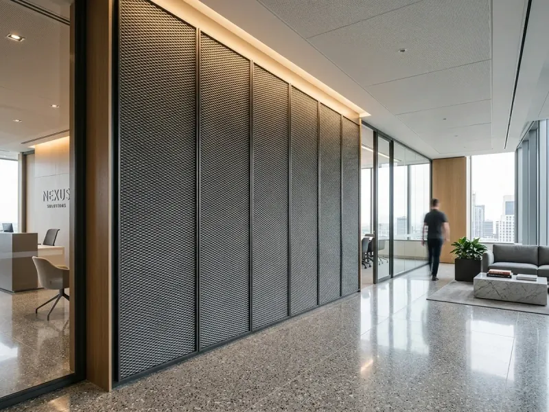 Koyu renk genişletilmiş metal mesh panellerle kaplanmış ofis lobisi duvarı